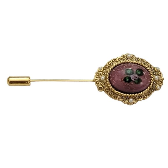 1928 Brand Gold Tone Rose Glass Art Glass Stick Lapel Pin, K45 - Picture 2 of 9